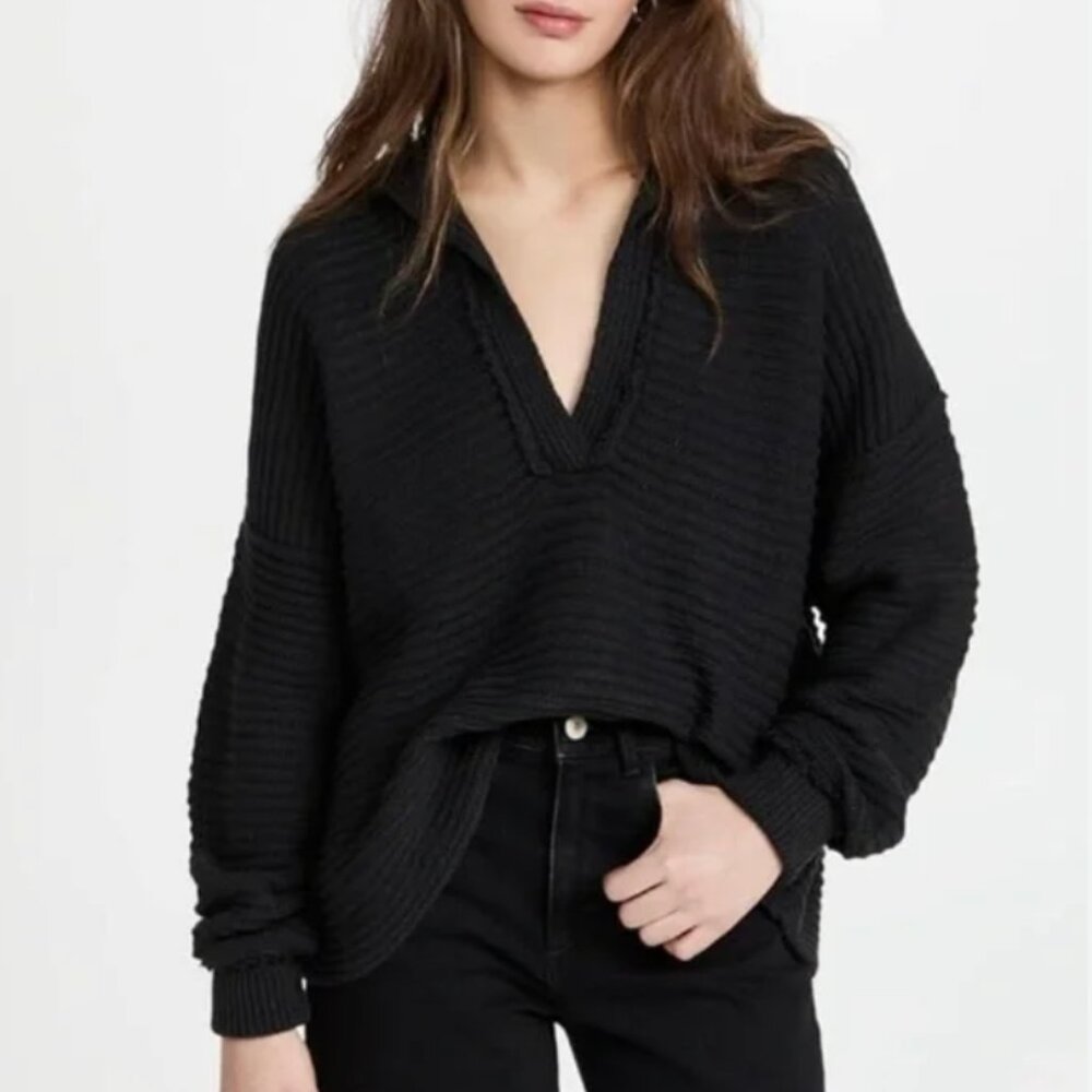 Free People Marlie Pullover Black V Neck Collar Sweater Long Sleeve